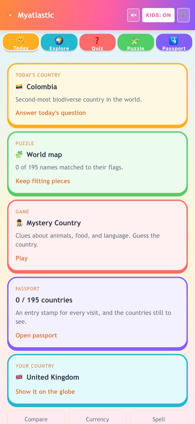 Kids mode with colourful cards for today's country, the puzzle and Mystery Country